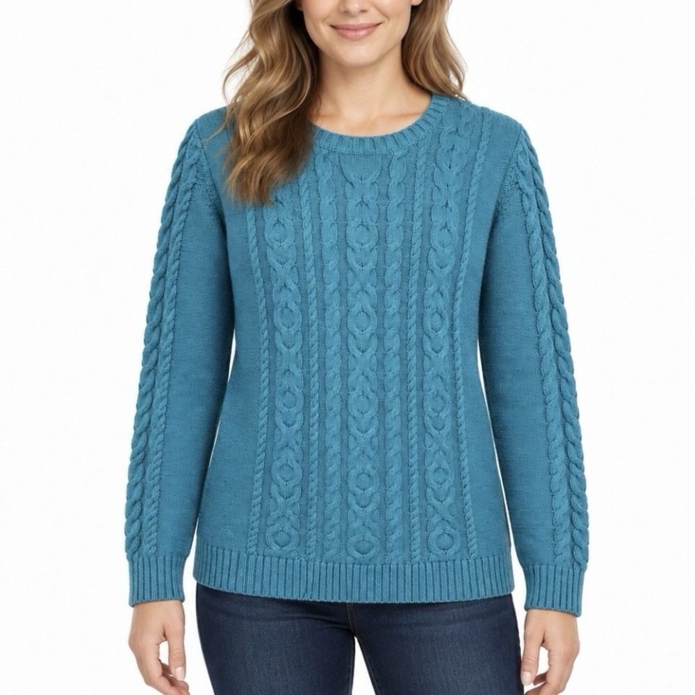 LL Bean Teal Double L Mixed Cable Cotton Crew Neck Pullover Sweater Size LARGE